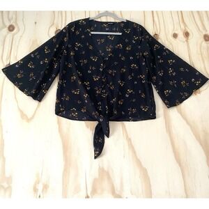 Bohemian M Black Floral Wrap Top Women's V-Neck Tie Front Bell Sleeve Blouse